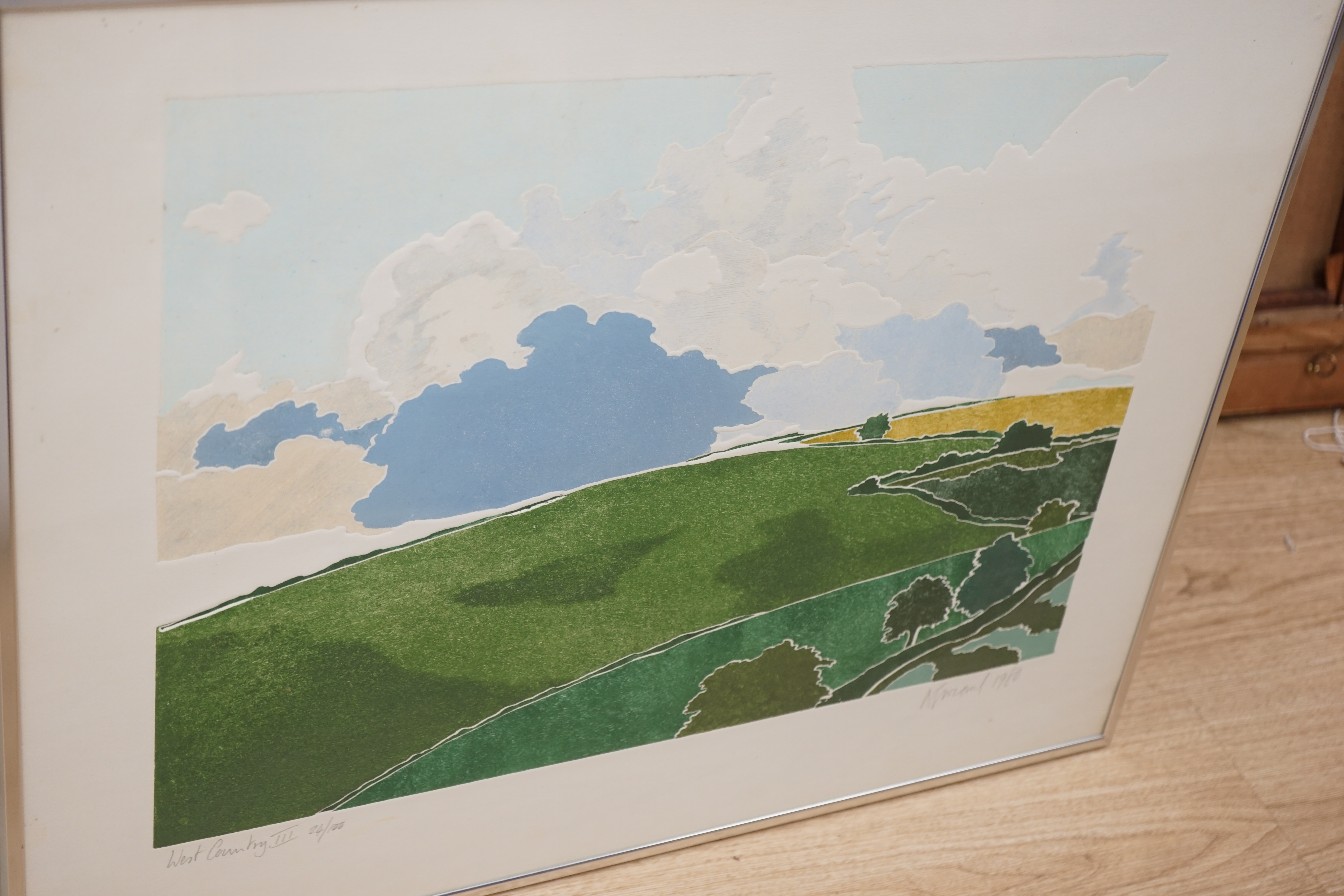 Four pencil signed colour etchings, including 'West Country III', by Barbara Newcomb, limited edition 24/100 and an artist's proof example, indistinctly signed, largest 54 x 71cm. Condition - poor to fair, discolouration